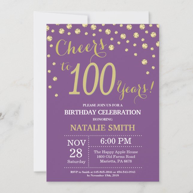 Purple and Gold 100th Birthday Diamond Invitation (Front)