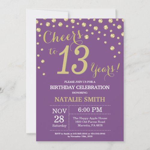 Purple and Gold 13th Birthday Diamond Invitation