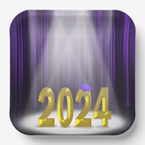 Purple and Gold 2024 Graduation in Spotlight Paper Plates