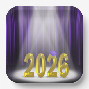 Purple and Gold 2026 Graduation in Spotlight Paper Plates