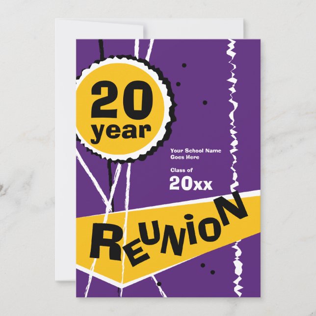 Purple and Gold 20 Year Class Reunion Invitation (Front)
