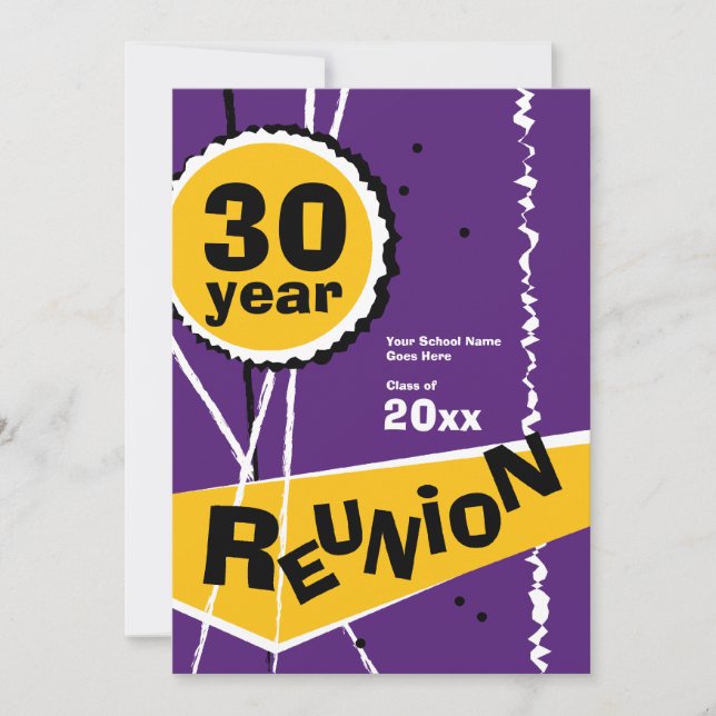 Purple and Gold 30 Year Class Reunion Invitation (Front)