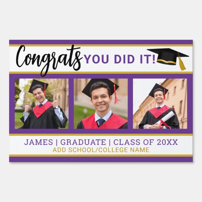 Purple And Gold 3 Photo Collage Congrats Grad 2025 Sign (Front)