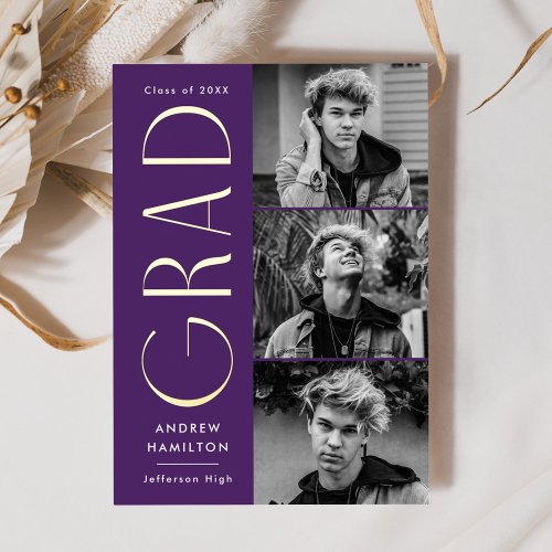 Purple and Gold 3 Photo Graduation Announcement