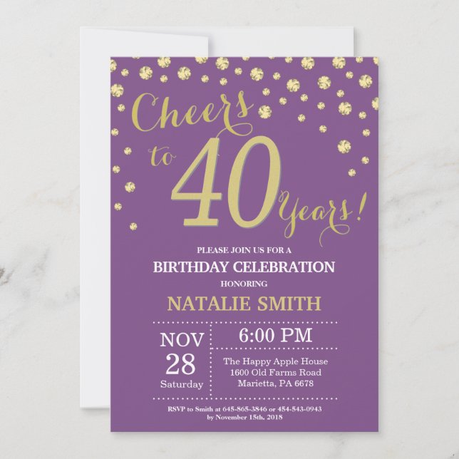 Purple and Gold 40th Birthday Diamond Invitation (Front)
