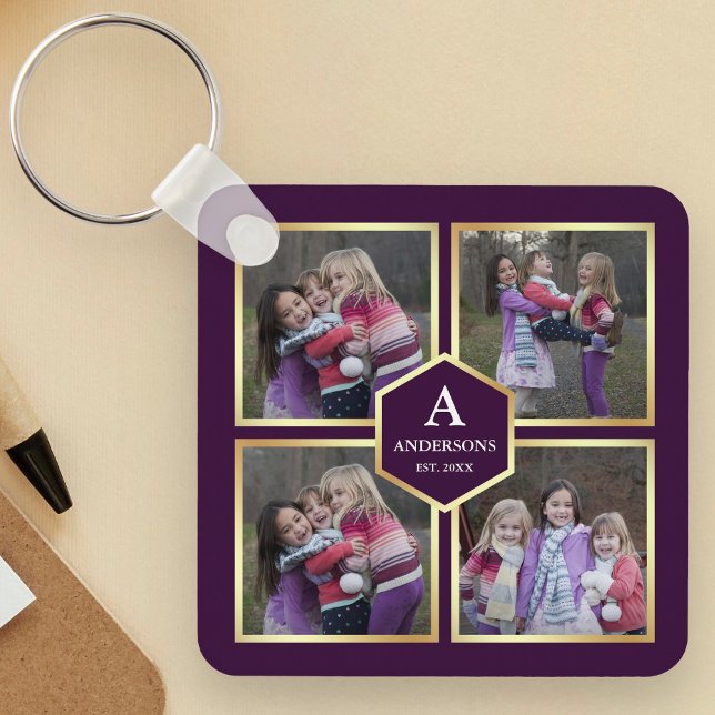 Purple and Gold 4 Pictures Family Photo Collage Keychain (Creator Uploaded)