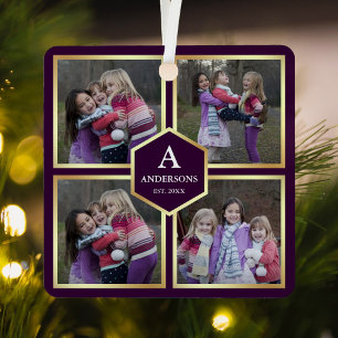 Purple and Gold 4 Pictures Family Photo Collage Metal Ornament