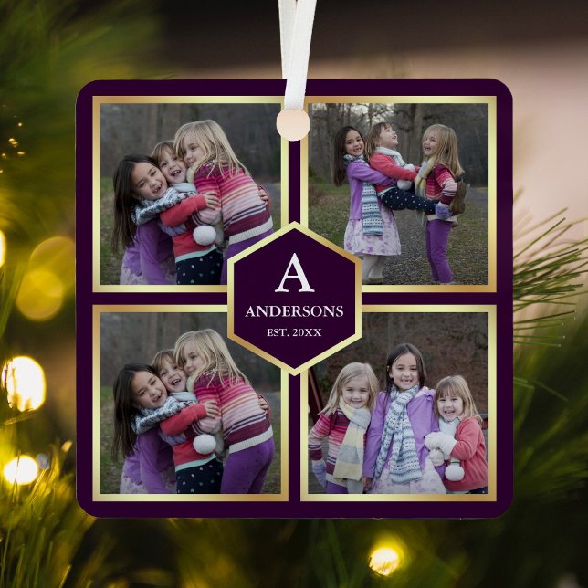 Purple and Gold 4 Pictures Family Photo Collage Metal Ornament (Creator Uploaded)