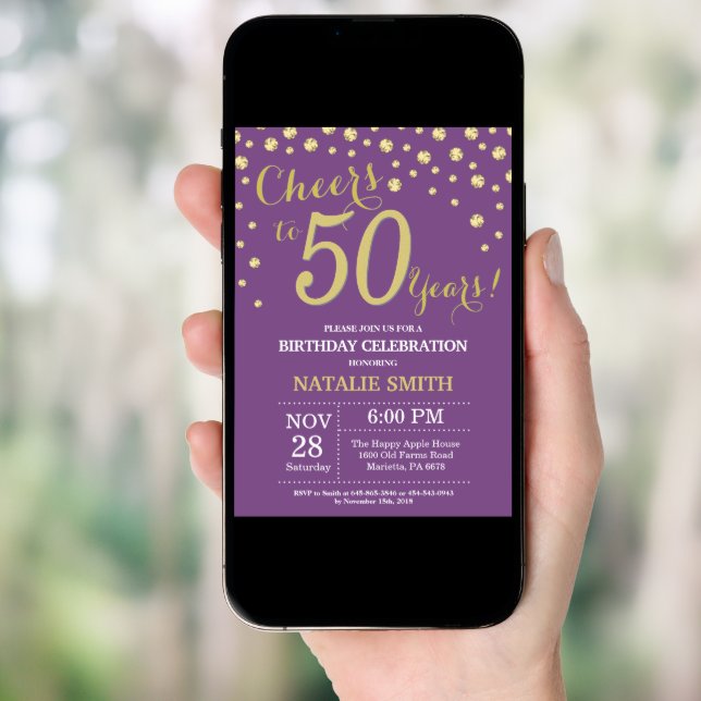 Purple and Gold 50th Birthday Diamond Invitation (Front Digital)