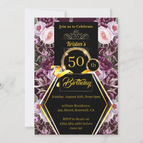 Purple and Gold 50th birthday Invitation