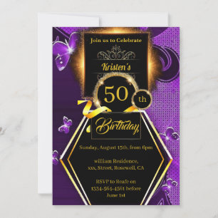 Purple and Gold 50th birthday Invitation