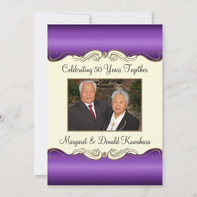 Purple and Gold 50th Photo Wedding Anniversary Invitation (Front)