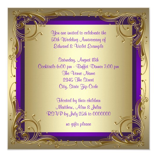 50th Wedding Anniversary Gifts Zazzle Purple And Gold 50th Wedding Anniversary Party Card