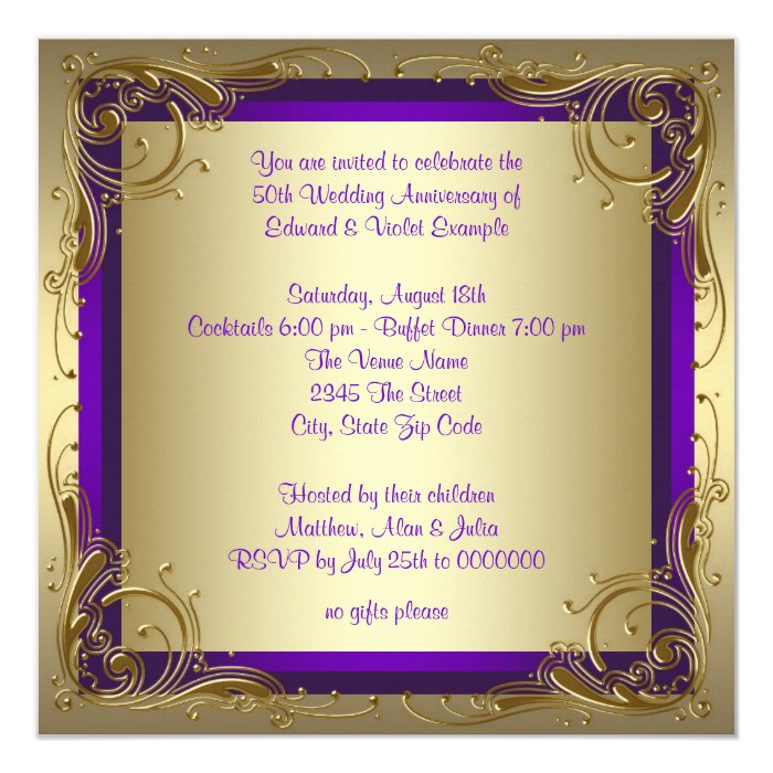 Purple and Gold 50th Wedding Anniversary Party Card | Zazzle