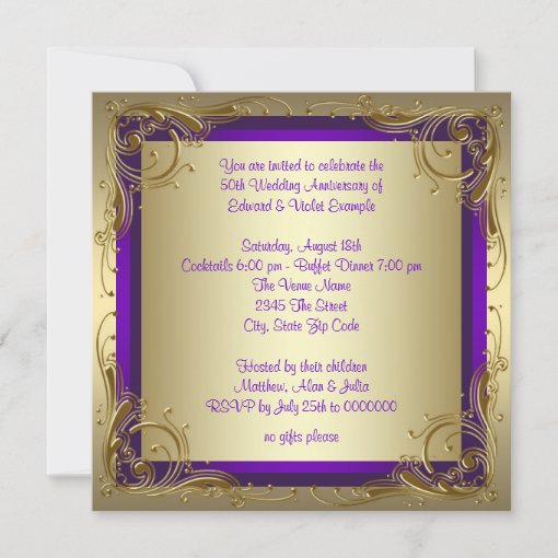 Purple and Gold 50th Wedding Anniversary Party Invitation | Zazzle