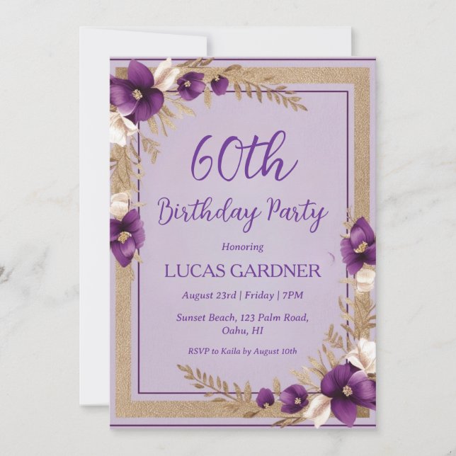 purple and gold 60th birthday invitations (Front)