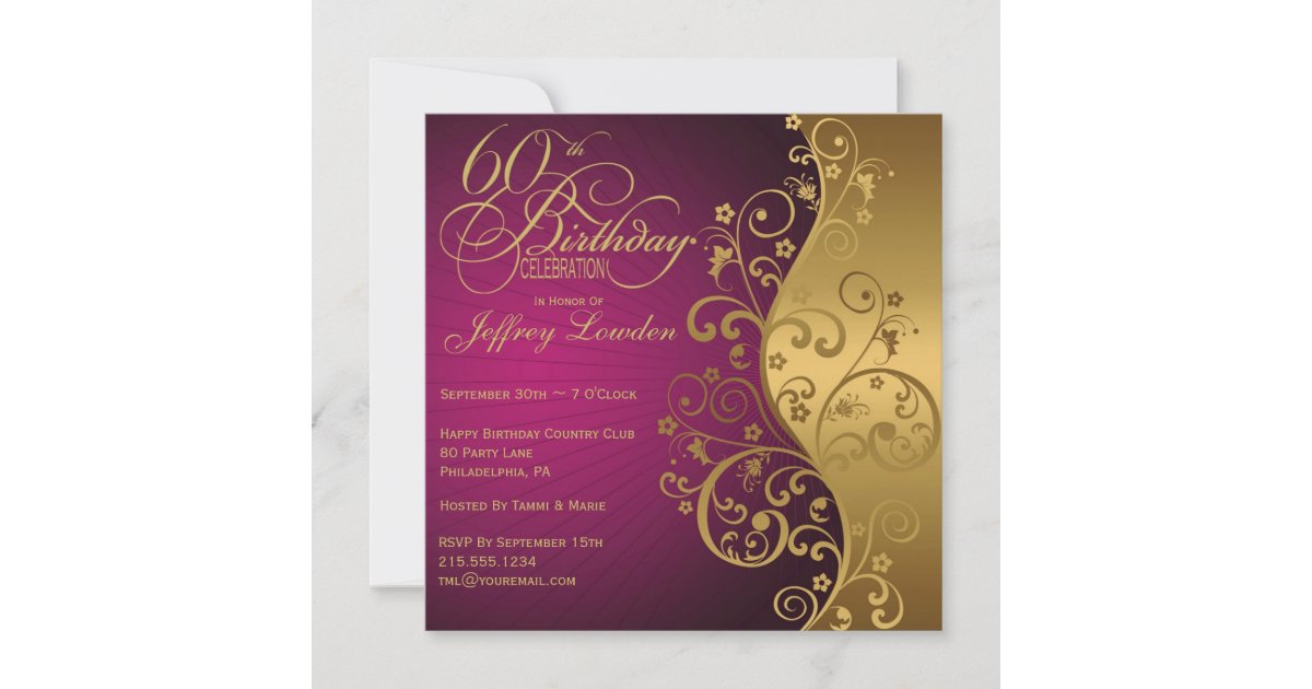 Purple and Gold 60th Birthday Party Invitation | Zazzle