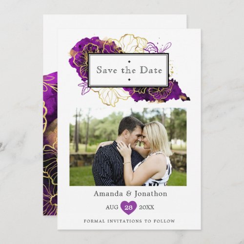 Purple and Gold Abstract Floral Wedding Photo Save The Date