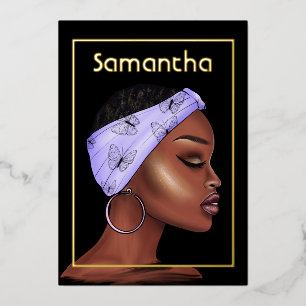 Purple and Gold Afro Birthday Party Foil Invitation