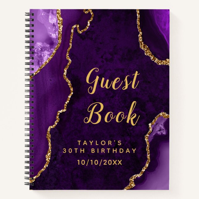 Purple and Gold Agate Birthday Guest Book (Front)