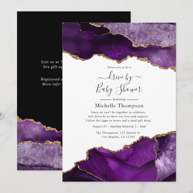 Purple and Gold Agate Drive By Shower Invitation (Front/Back)