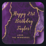 Purple and Gold Agate Happy Birthday Square Sticker<br><div class="desc">This elegant and glamorous sticker can be personalized with a name or title such as mom,  daughter,  granddaughter,  niece,  friend etc. The design features a purple agate marble background with faux gold glitter accents. The text combines handwritten script and modern sans serif fonts for a classy and sophisticated look.</div>