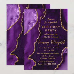 Purple and Gold Agate Marble 21st Birthday Party Invitation