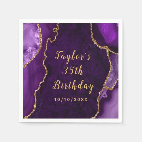 Purple and Gold Agate Marble Birthday Napkins
