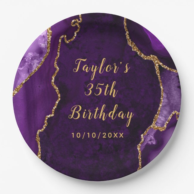 Purple and Gold Agate Marble Birthday Paper Plates (Front)