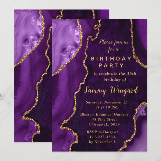 Purple and Gold Agate Marble Birthday Party Invitation (Front/Back)