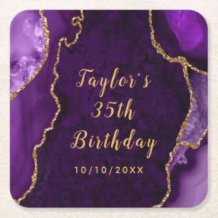 Purple and Gold Agate Marble Birthday Square Paper Coaster