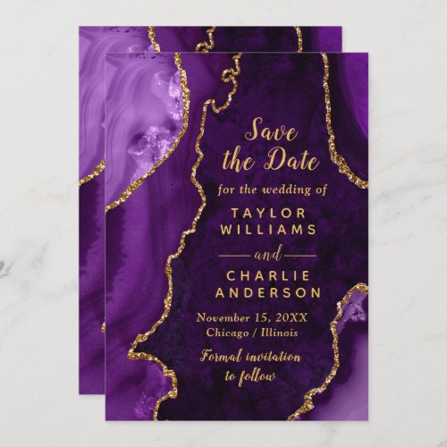 Purple and Gold Agate Marble Save The Date Invitation