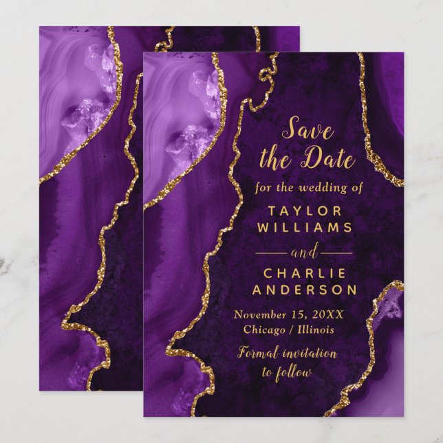 Purple and Gold Agate Marble Save The Date Invitation (Front/Back)