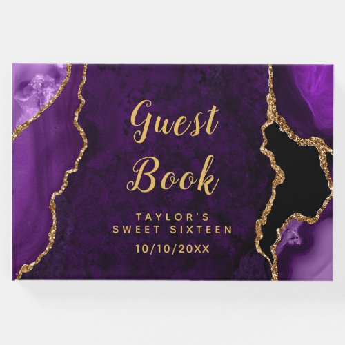Purple and Gold Agate Marble Sweet Sixteen Guest Book