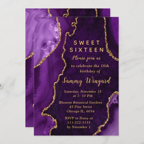 Purple and Gold Agate Marble Sweet Sixteen Invitation