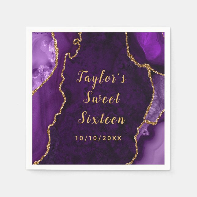 Purple and Gold Agate Marble Sweet Sixteen Napkins (Front)