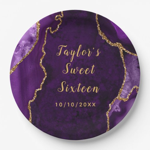 Purple and Gold Agate Marble Sweet Sixteen Paper Plates