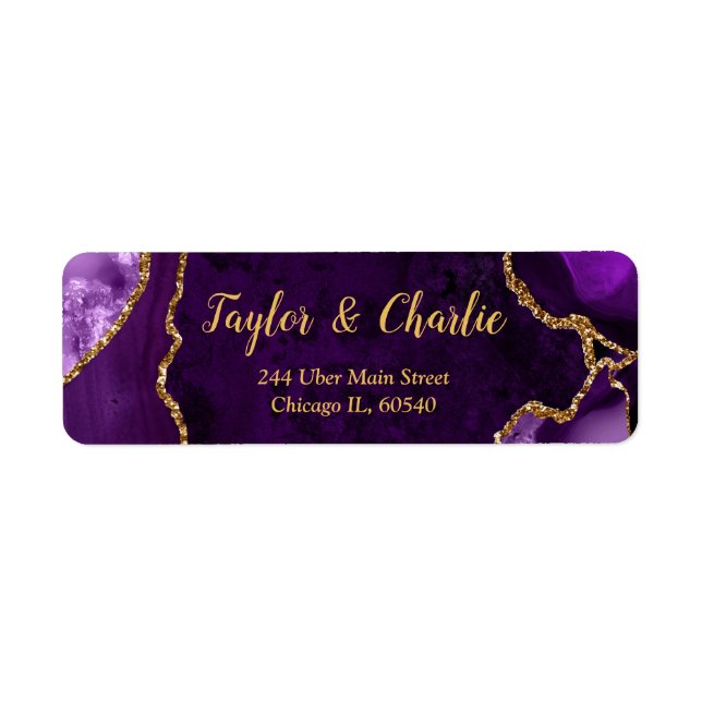 Purple and Gold Agate Marble Wedding Label (Front)