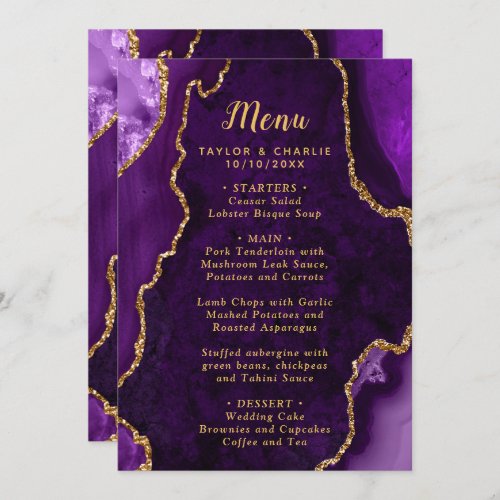 Purple and Gold Agate Marble Wedding Menu
