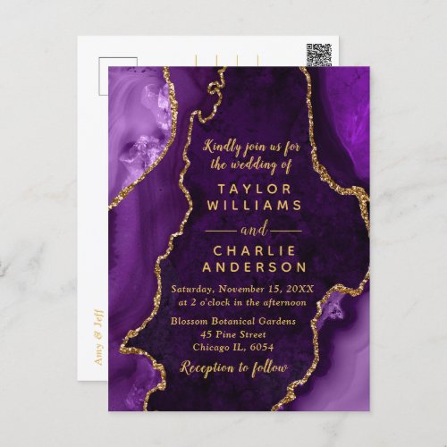 Purple and Gold Agate Marble Wedding Postcard