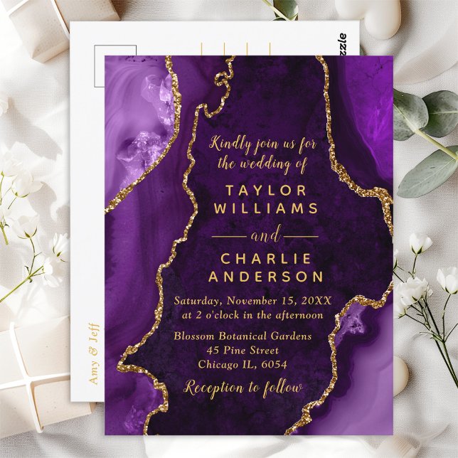Purple and Gold Agate Marble Wedding Postcard (Creator Uploaded)