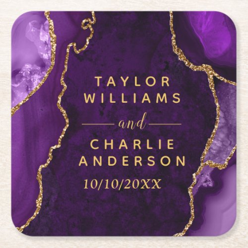 Purple and Gold Agate Marble Wedding Square Paper Coaster