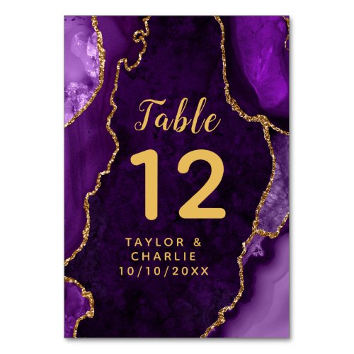 Purple and Gold Agate Marble Wedding Table Number