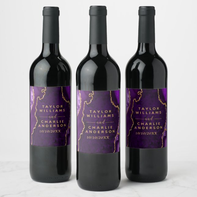 Purple and Gold Agate Marble Wedding Wine Label (Bottles)