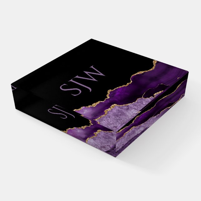 Purple and Gold Agate Monogram Paperweight (Angled)