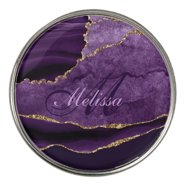 purple and gold agate monogrammed golf ball marker (Front)