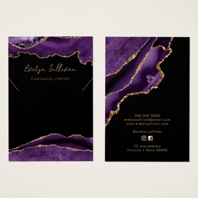 Purple and gold agate necklace display card (Front & Back)