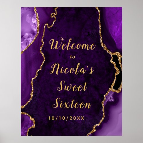 Purple and Gold Agate Sweet Sixteen Welcome Poster