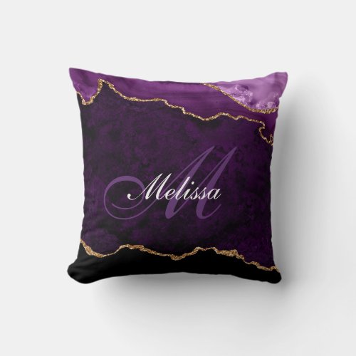 purple and gold agate trendy monogram throw pillow