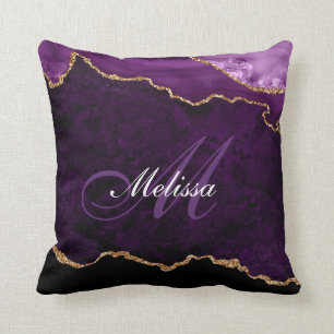 purple and gold agate trendy monogram throw pillow